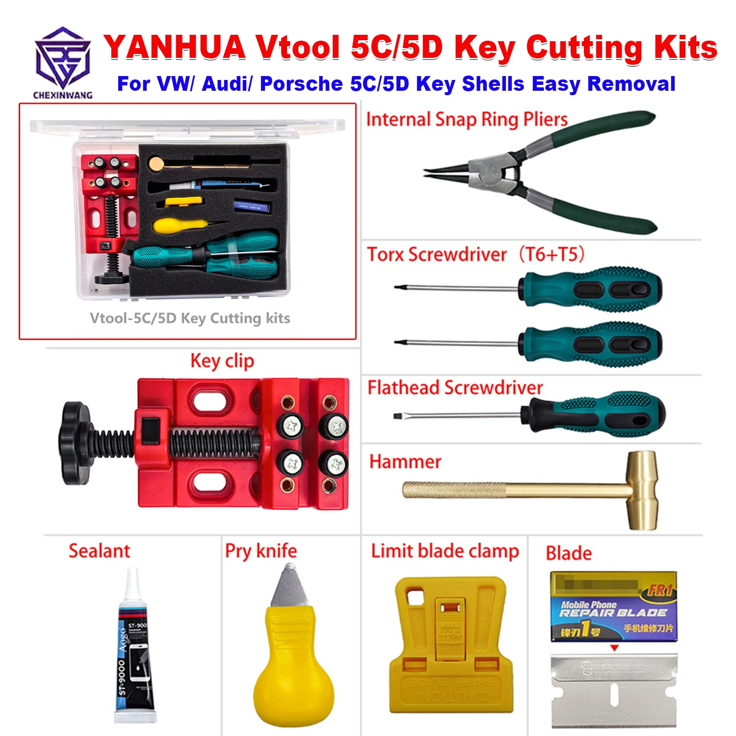 YANHUA Vtool - 5C/5D Key Cutting Kits for VAG for VW/Audi/Porsche 5C/5D Key Shells Removal for Golf 8 /Magotan Fold Types Key