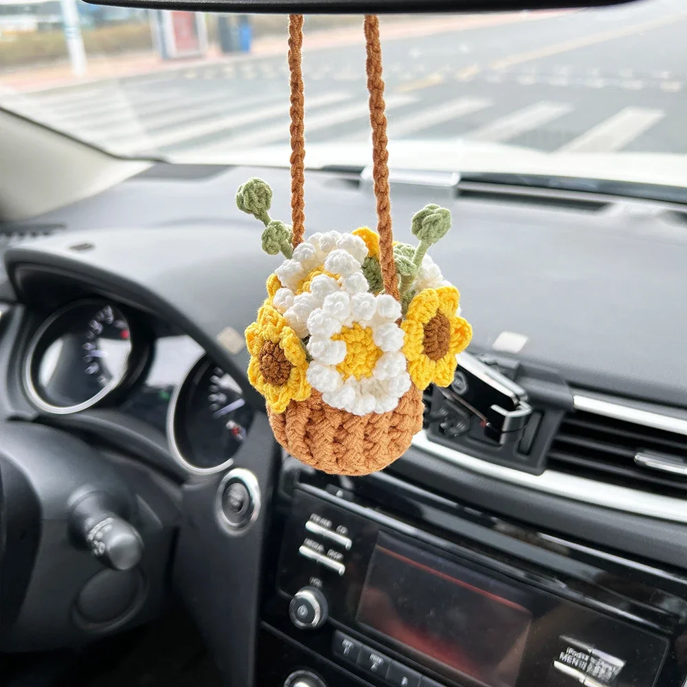 Kawaii Ręcznie robione szydełkowe kwiaty Wisząca roślina samochodowa Stokrotka Śliczne akcesoria samochodowe Dekoracja wnętrz TeensRear View Mirror H — zdjęcie 2