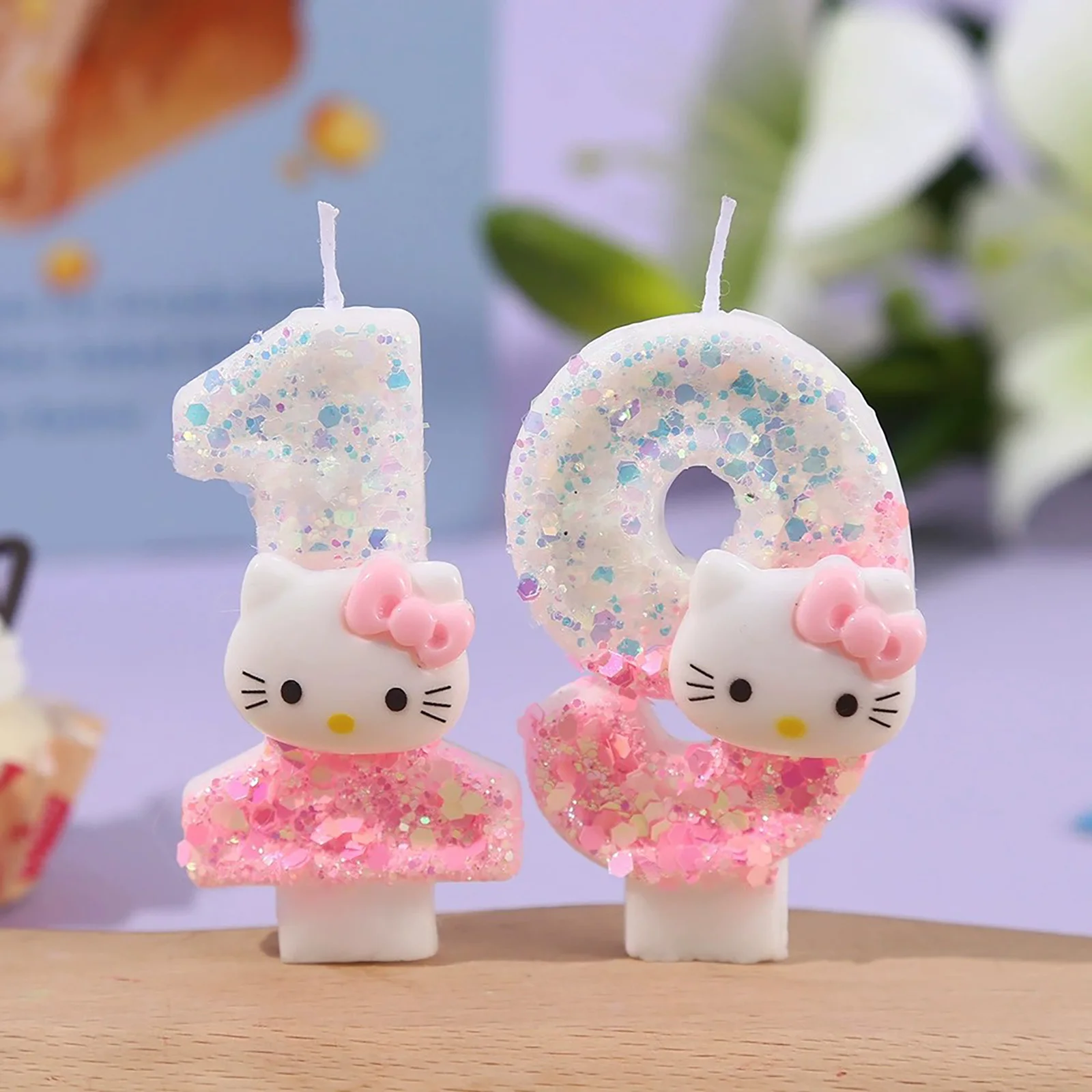 เทียนวันเกิดตัวเลขหัวแมวน่ารัก DIY ตกแต่งเค้ก สีชมพูขาว กลิตเตอร์ ปาร์ตี้สำหรับเด็กชายเด็กหญิง