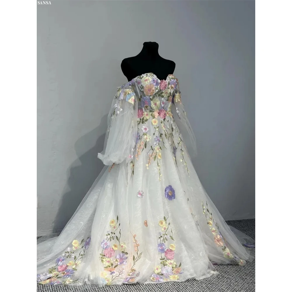 

Sansa Customized White A-Line Floral Embroidery Tulle Prom Dress Zip Long Sleeve Vestidos De Noche Floor-Length Formal Evening