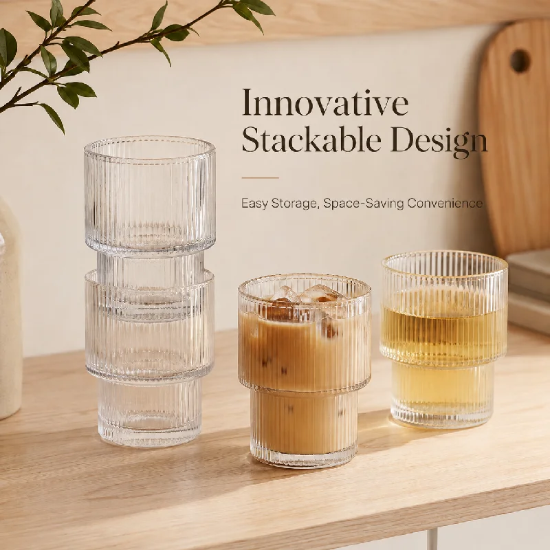 190ml Stackable Ribbed Glass Cup Set 2/4PCS Available Vertical Stripe Design Saves Space Great for Whiskey Iced Coffee Juice Tea - view 2