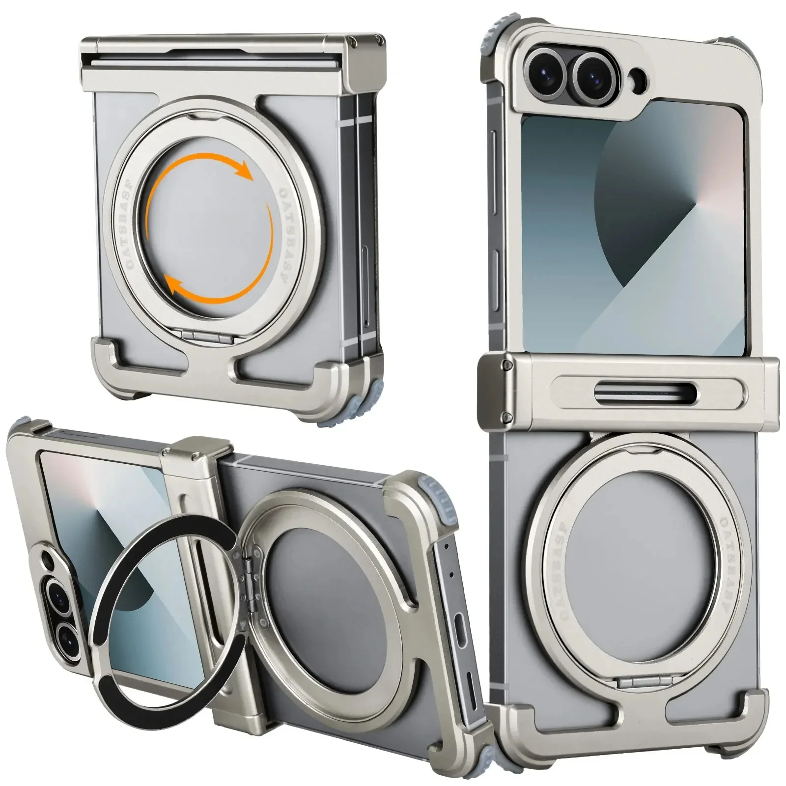 Metalowe etui Eary do Samsung Galaxy Z Flip 8, 7, 6, kompatybilne z MagSafe, obracane o 360 stopni. ° Obrotowy, magnetyczny uchwyt, bezprzewodowe ładowanie, odporne na zarysowania etui na telefon. — zdjęcie produktu 7