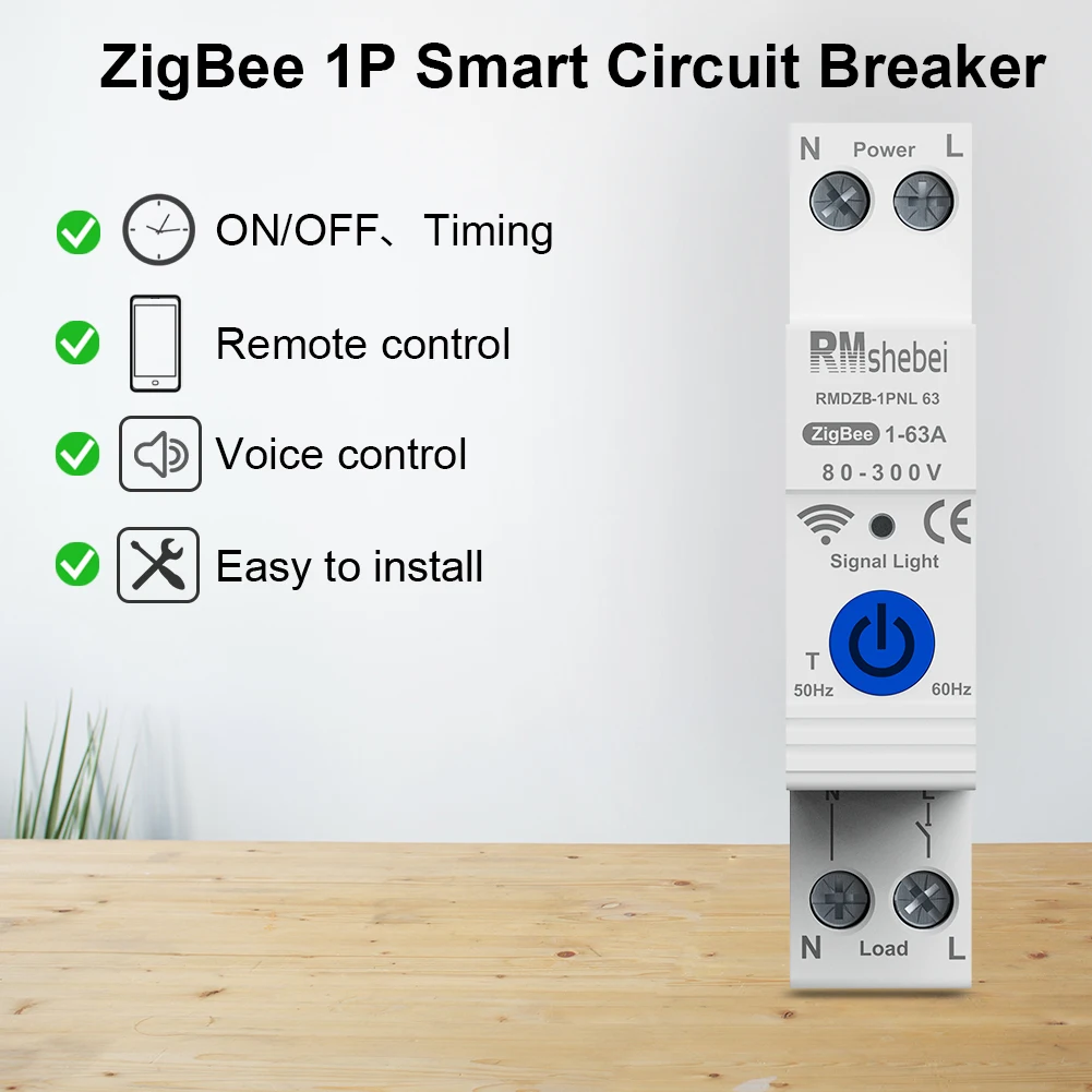 RMshebei WiFi ZigBee Smart Circuit Breaker with Power Monitor Metering 1P 63A DIN Rail work with Smart life Alexa Google home