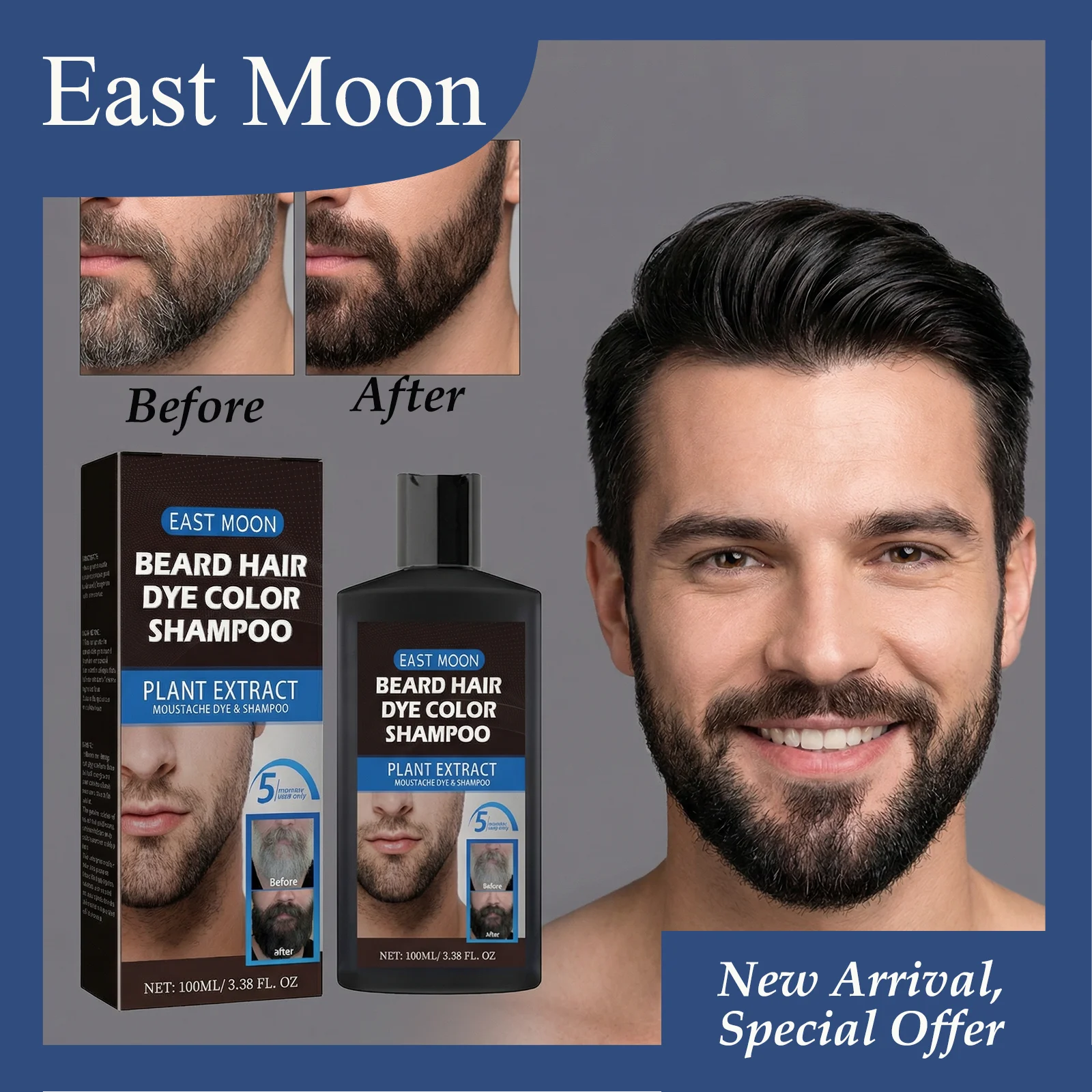

EAST MOON 100mL Beard Hair Dye Color Shampoo Cover Gray Hair Instant Dyeing No Need To Add Water 2-In-1 Effect For Beard & Hair