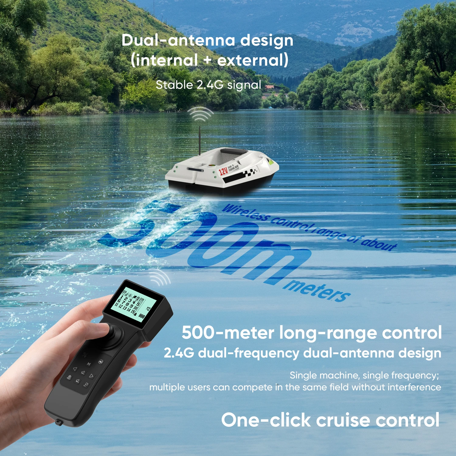 Bateau d'appâtage pour la pêche à la carpe en eau douce D50B 12V 3 vitesses double batterie GPS 100 points retour automatique libération au fond double coque anglais