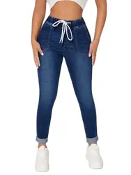 2023 Fall New Women Elastic Waist Ankle-Length Jeans High Waist Stretch Fashion Drawstring Skinny Denim Pencil Pants S-2XL