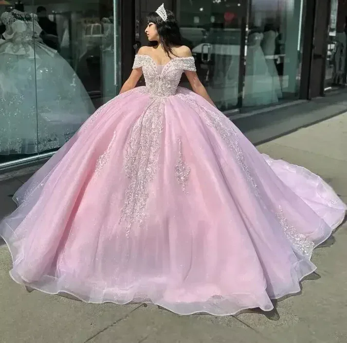 CloverBridal Free Customize Off Shoulder Glitter Tulle Pearls Gems Rhinestones Beaded Pink Ball Gown WQ9650