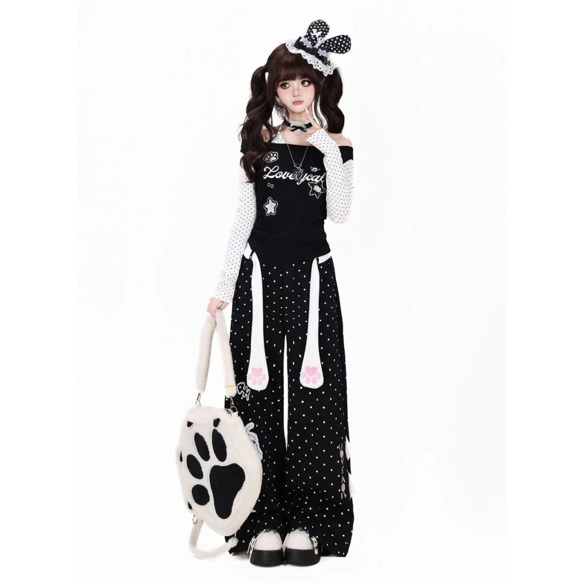 Japanische Süße Coole Neue Polka-Dots Niedlicher Cartoon-Print Hochgeschnittene Hose Lose Lässige Gerade Jogginghose Schwarze Damenhose – Detail 3