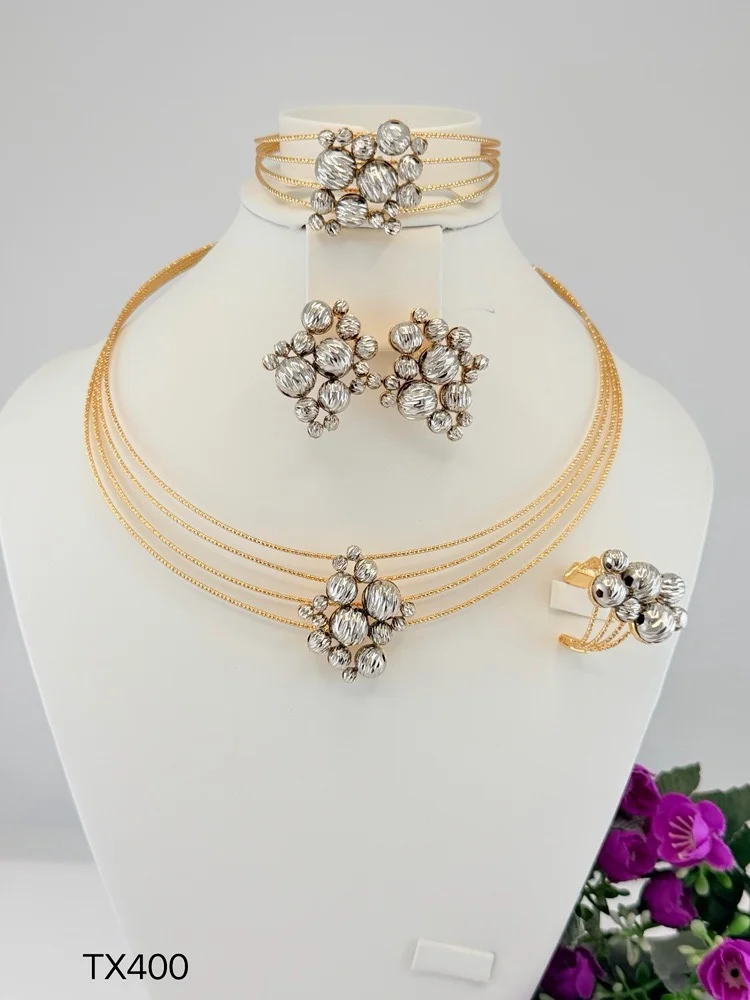 Yulaili Luxury Dubai 4Pcs Jewelry Set 18K Gold Plated Two Tone Bead Jewel Multi Layer Necklace African Party Accessory X00176