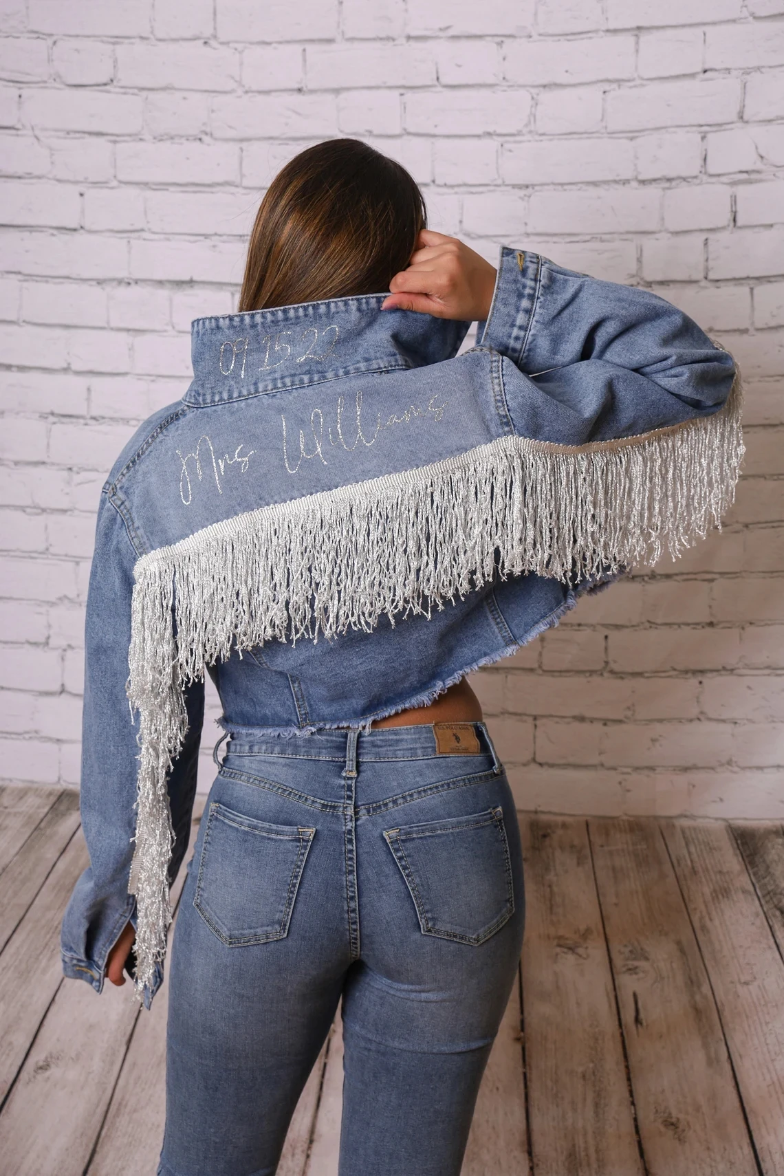 Denim Fringe Crop Jacket Bride Jean Mrs Personalized Wedding Bridal Engagement Gift Custom Bridal Party Jackets With Tassels