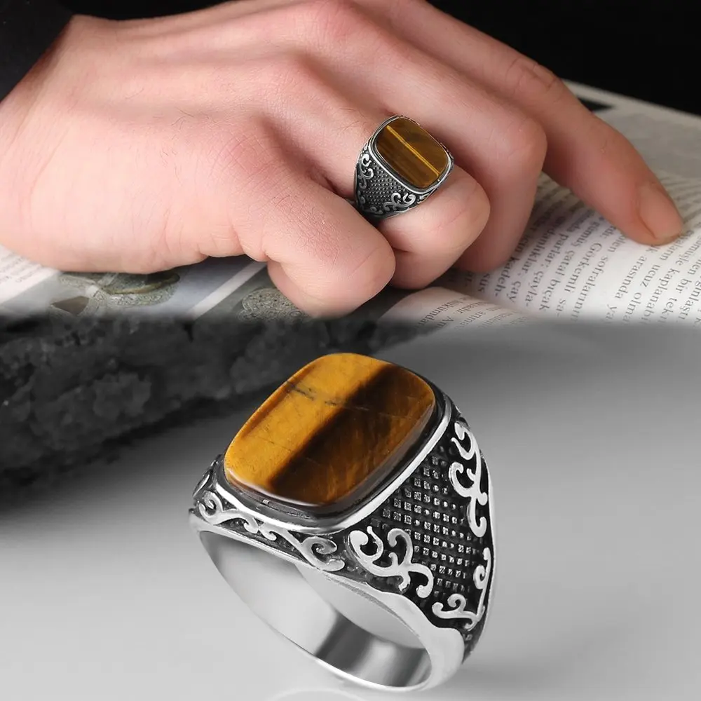 Men's Ring, 925 Sterling Tiger 'S Eye Stone Silver Ring, Free Shipping, Vintage Turkish Style, Real Natural Stone, made in Turkey Fashion Jewelry