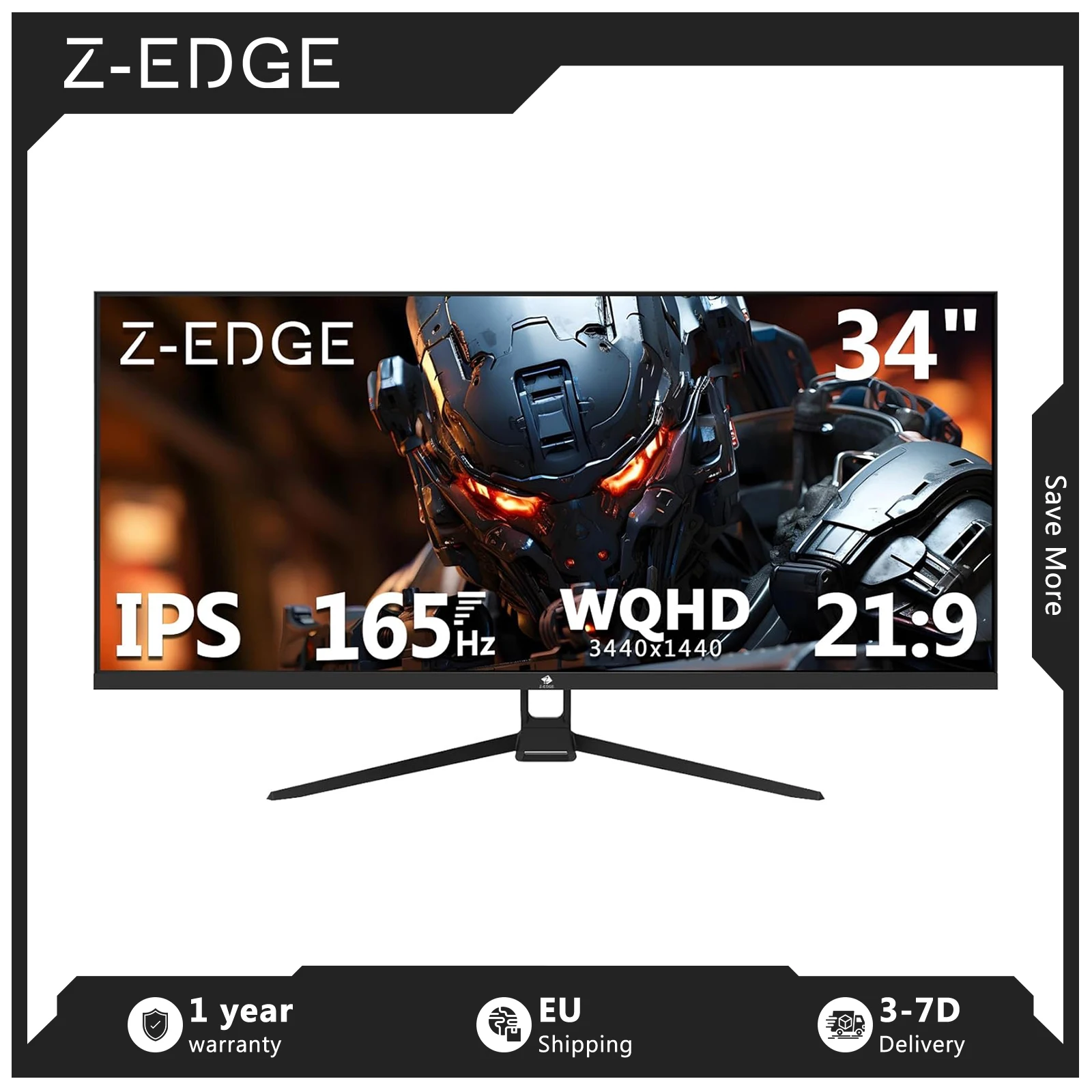 Monitor para juegos ultrapanorámico Z-EDGE de 34 pulgadas 3440 x 1440 UWQHD 165Hz, 1ms MPRT, panel IPS 21:9, FreeSync, HDR10, 100% sRGB, 300cd/m², PIP y PBP, compatible con VESA