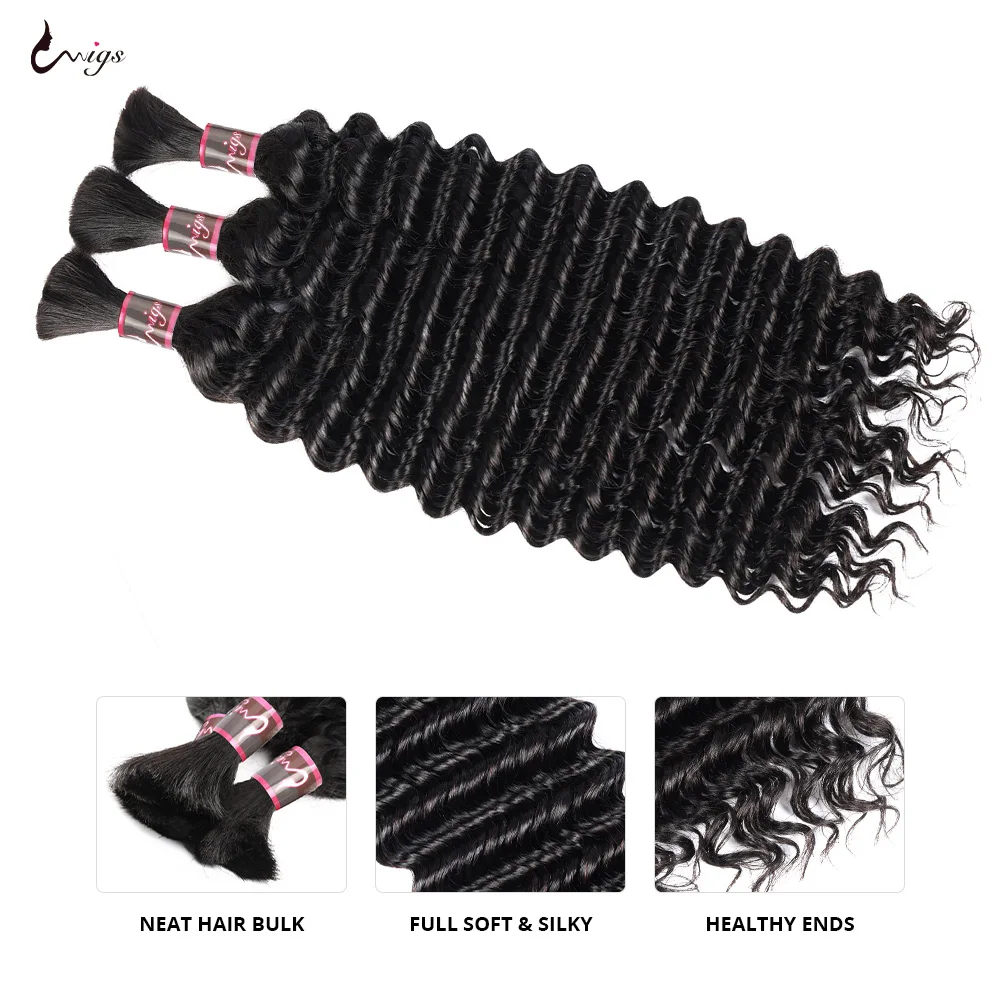 Deep Wave Bulk Cabelo Humano para Trançar, Remy Hair Weaving, 100% Não Transformados, Sem Trama, Extensões, 100g por Pc