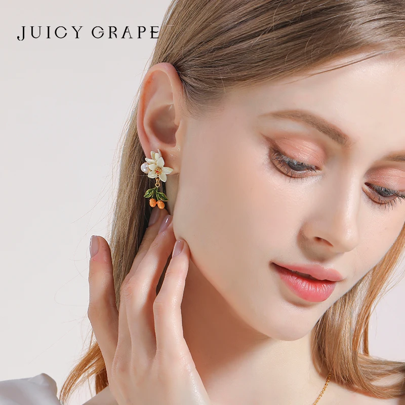 Juicy Grape Pearl Earring for Women 925 Sterling Silver Needle Small Kumquat Pendant Enamel Flower Earring White Orange Blossom