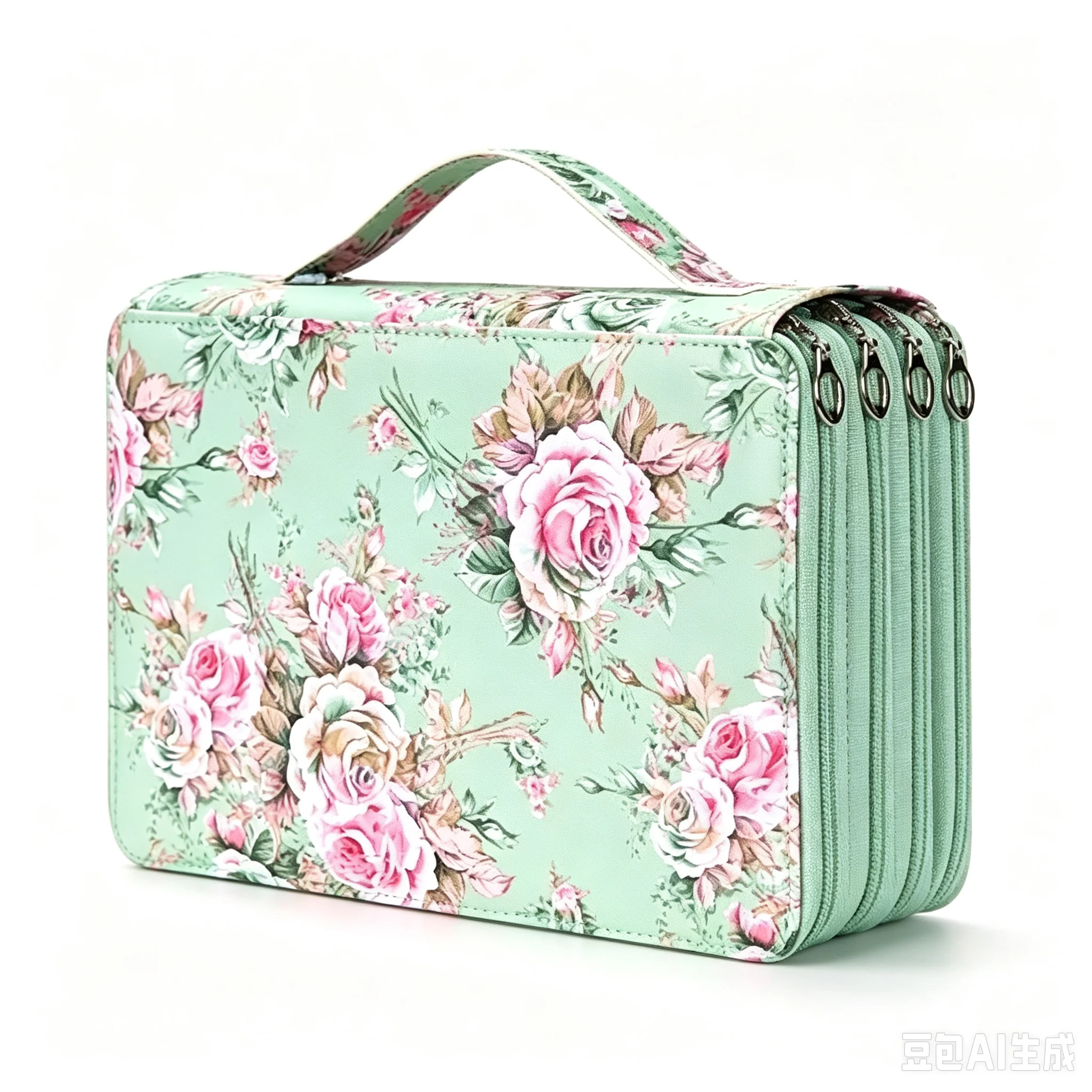 200 Slots Pencil Case, 4-Layer Large Capacity PU Leather Pen Case with Handle, Green Rose Pattern Stationery Organizer for Colored Pencils, Markers, School and Office Supplies
