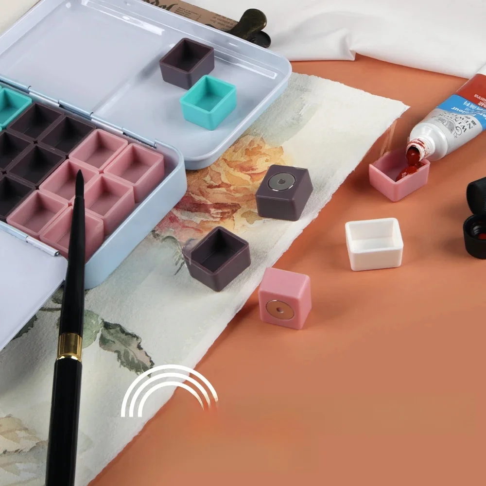 SeamiArt 50 Stück magnetische Halbfläschchen in vier Farben für Aquarellfarben, Unterverpackung in Blechdose, Palette, Malwerkzeuge, Kunstbedarf