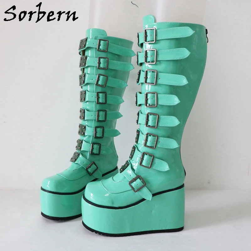 Sorbern Fashion Punk Style Boots Women Knee High Wedges Comfortable Buckles Straps Fetish Drag Queen Shoe Custom