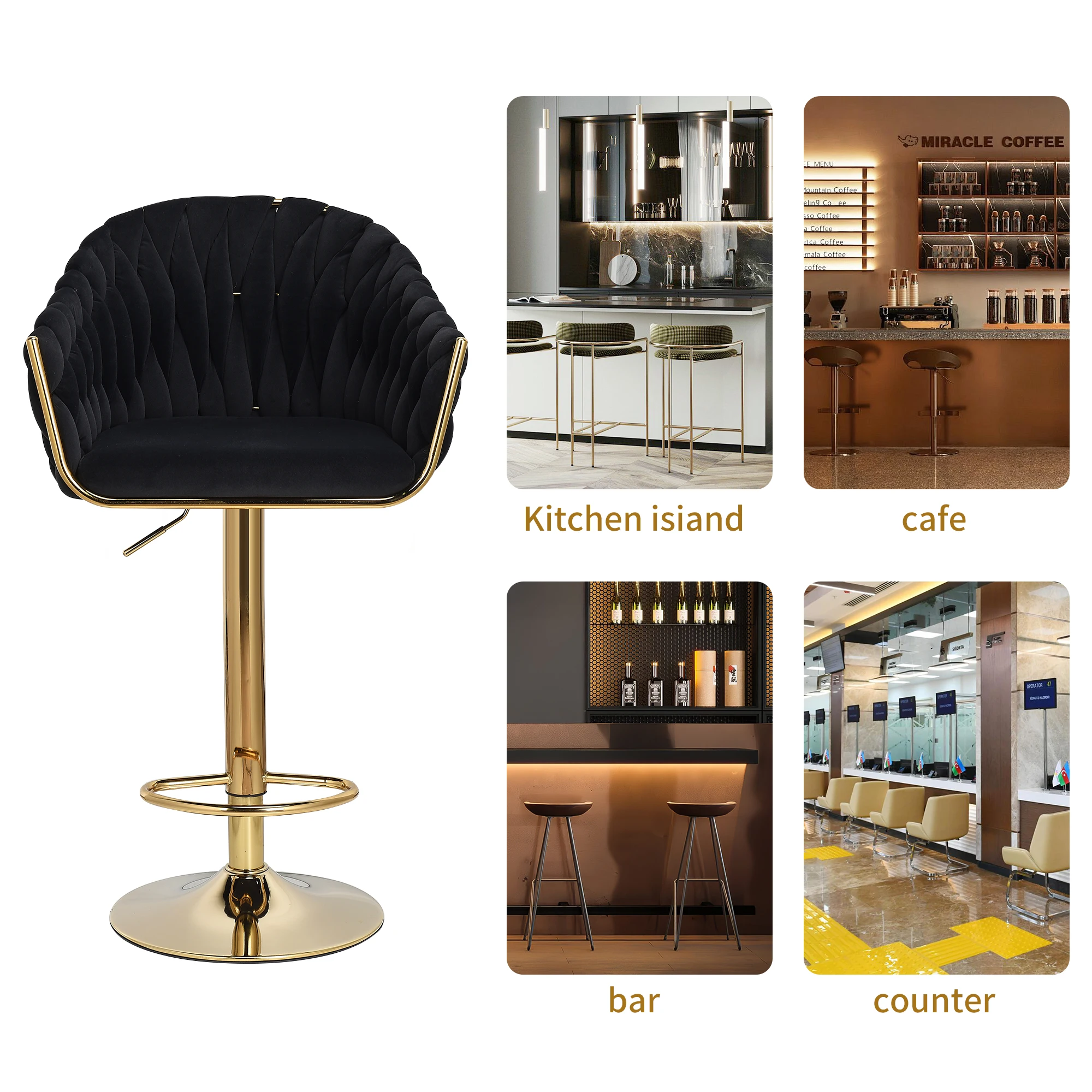 Taburete de Bar pequeño con respaldo, taburete de Bar ajustable en altura de 2 piezas, de terciopelo y Metal, Juego de 2 piezas