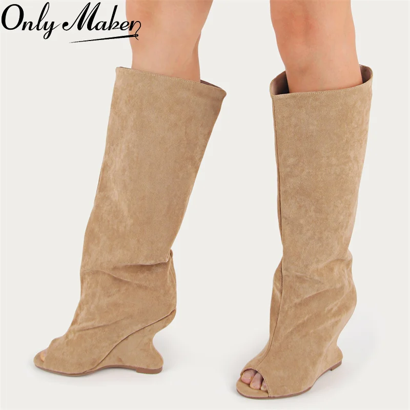 

Onlymaker Women Peep Toe Wedge Flock Fashion Chunky Boots
