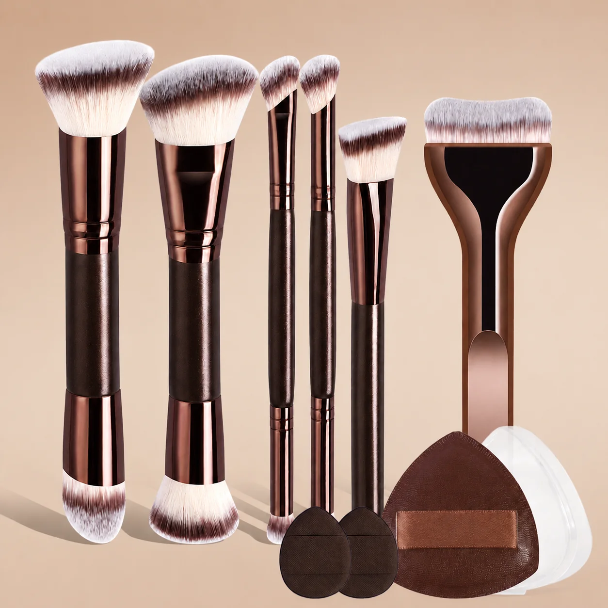 Conjunto de 10 Pincéis de Maquiagem com Puff de Pó, Pincéis Macios para Base, Blush, Contorno, Pó e Sombra, Ferramenta Cosmética Profissional