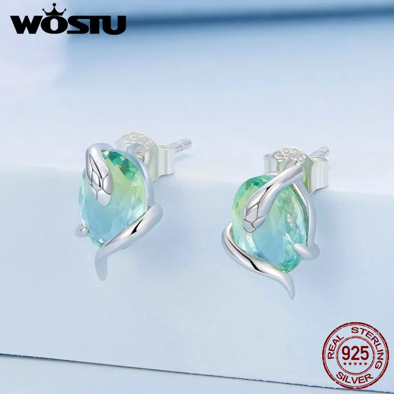 

WOSTU 925 Sterling Silve Snake Earrings With Green Gradient Glass for Women Luxury Fine Jewelry Birthday Party Gift