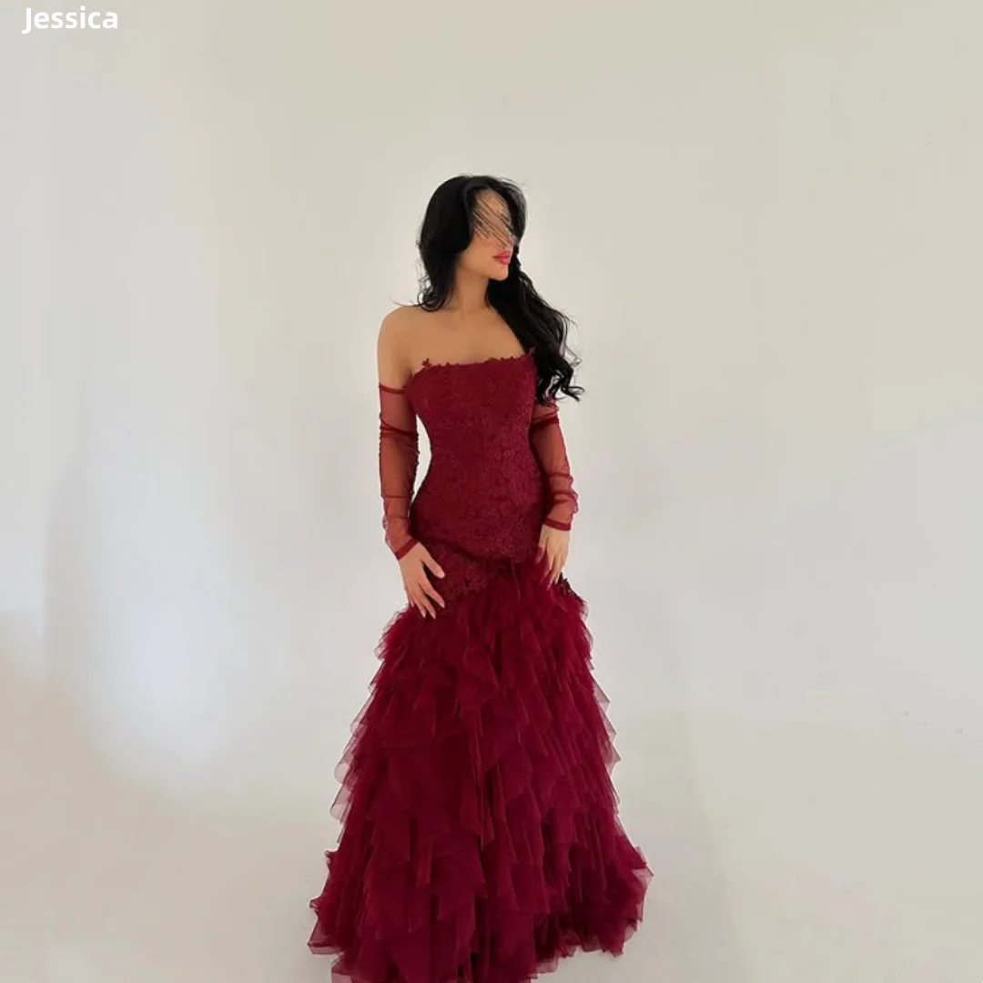 

Jessica Burgundy Lace Long Sleeves Evening Dresses Embroidered Tulle Multi-layer Prom Dresses Slim And Elegant Ladies Customized