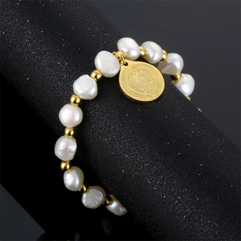 Stainless Steel San Benito Bracelets For Women Metal St Benito Medal Pulseras Natural Pearl Bracelet