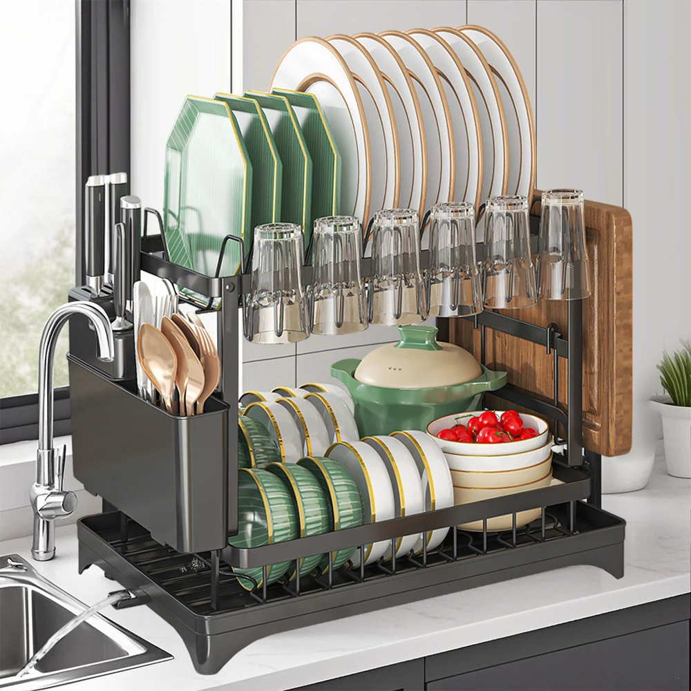 Scolapiatti a 2 livelli, scolapiatti da cucina con sistema di drenaggio automatico e rotazione a 360° ° Organizzatore per lavello in acciaio al carbonio con beccuccio girevole, portaposate,