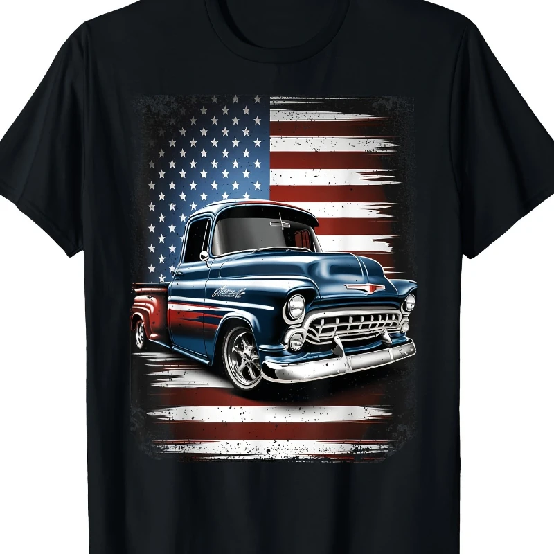 

Men's Vintage American Flag Classic Pickup Truck Patriotic T-Shirt Pure Cotton Retro 4th of July Memorial Day Veterans Day Tee