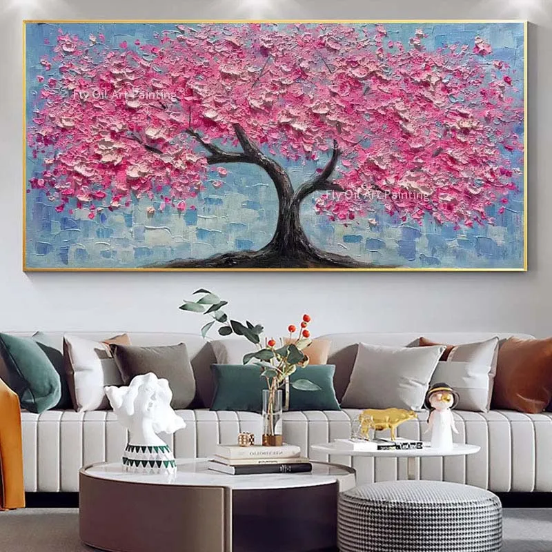 Tree Of Life Wall Art Blooming Yellow Pink Flower Tree Oil Painting Hand Painted Tree Landscape Canvas Wall Art Decor For Room