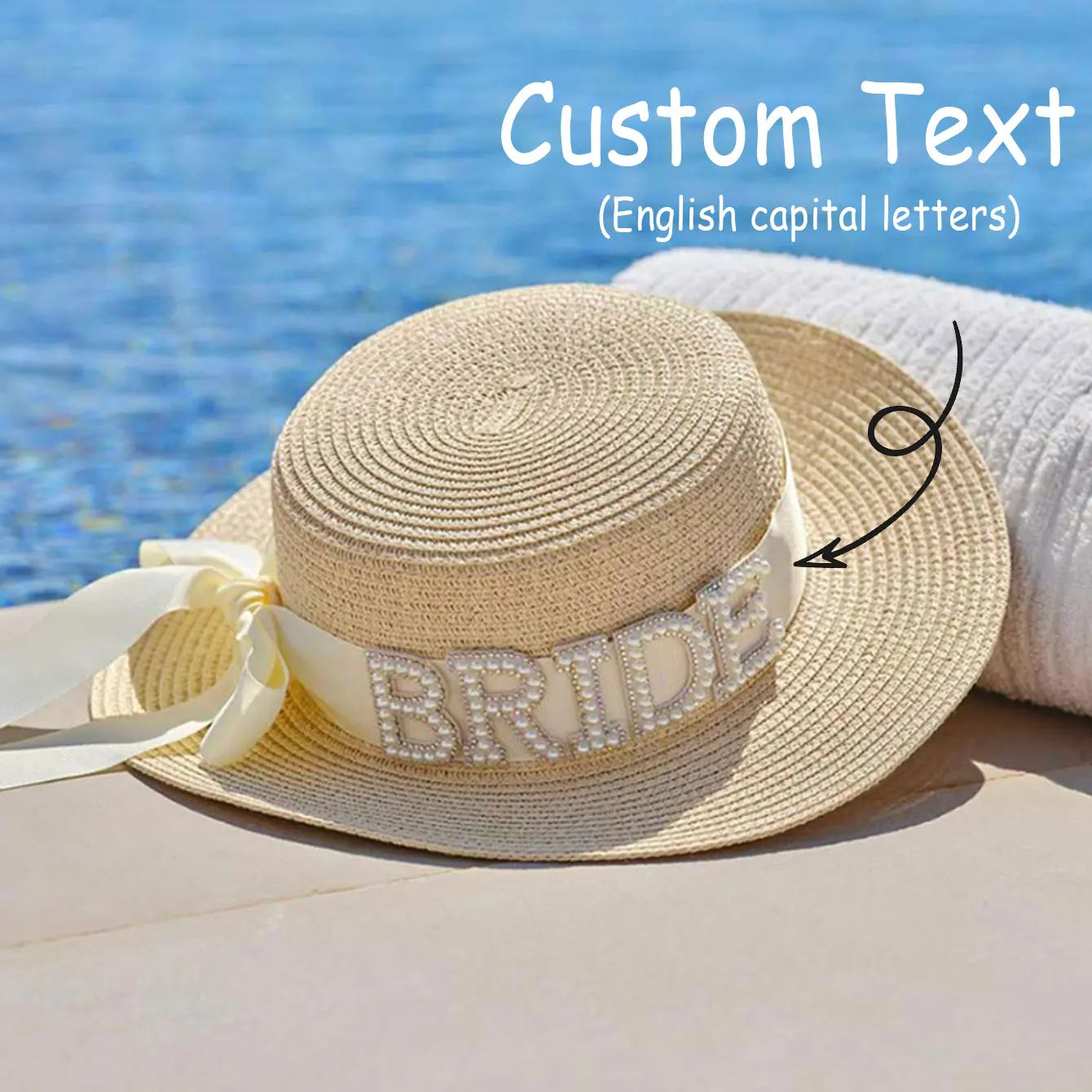 1pc Personalized Straw Hat with Pearl Letter Decoration – Beach & Seaside Party Hat, Spring/Summer Wide-Brimmed Straw Hat