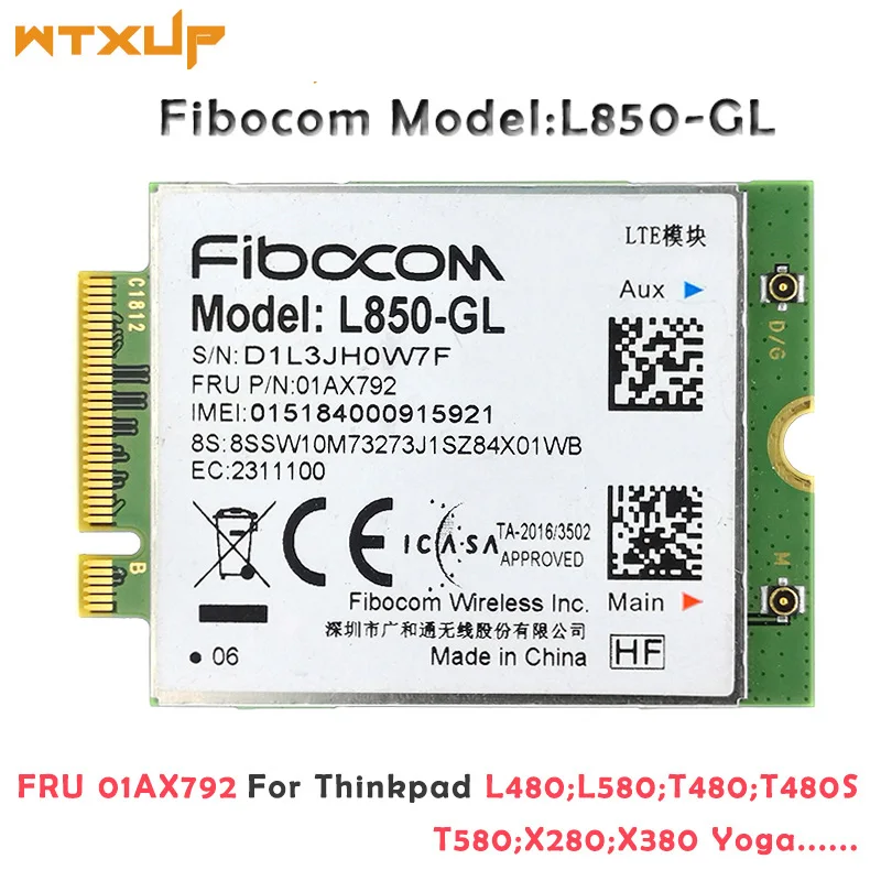 

Fibocom L850-GL M2 Card 01AX792 4G LTE Module wireless card for ThinkPadX1 Carbon Gen6 X280 T580 T480s L480 X1 Yoga Gen 3 L580