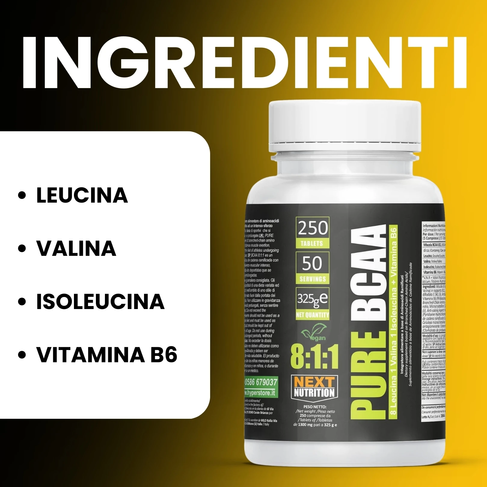 Next Nutrition BCAA 8:1:1 الأحماض الأمينية المفرعة 1000 مجم - زيادة كتلة العضلات والتعافي السريع - تمرين ما قبل التمارين الرياضية - 250 أقراص خالية من اللاكتوز مع مكمل فيتامين B6 النباتي في إيطاليا