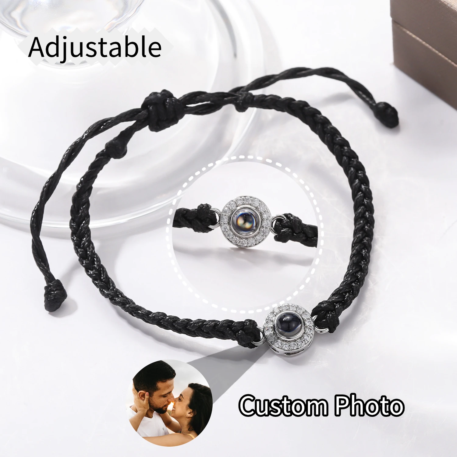 MYDIY Customized Photo Projection Bracelet Handmade Braided Rope Diamond Small Round Bead Bracelet Her Gift for Wedding Jewelry