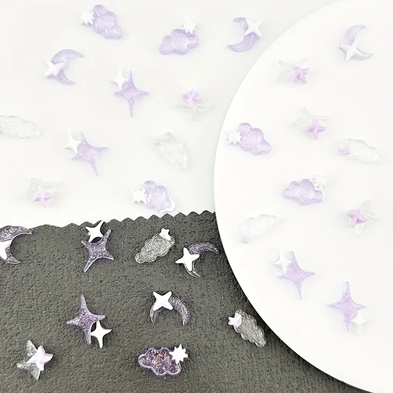20pcs 3D Luminous Purple Cloud & Star Nail Art Charms | Transparent Mix for DIY Night Glow Manicures, Crescent Moon & Four-Point