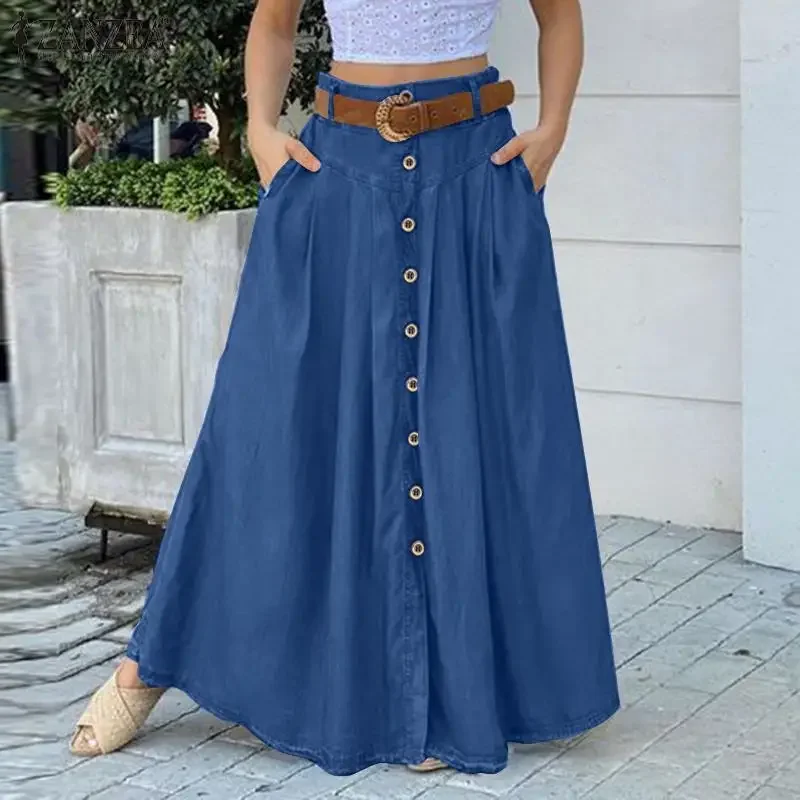 Mode Knopf Maxi röcke Zanzea Frauen Sommer Sommerkleid lässig hohe Taille lange Vestidos weibliche