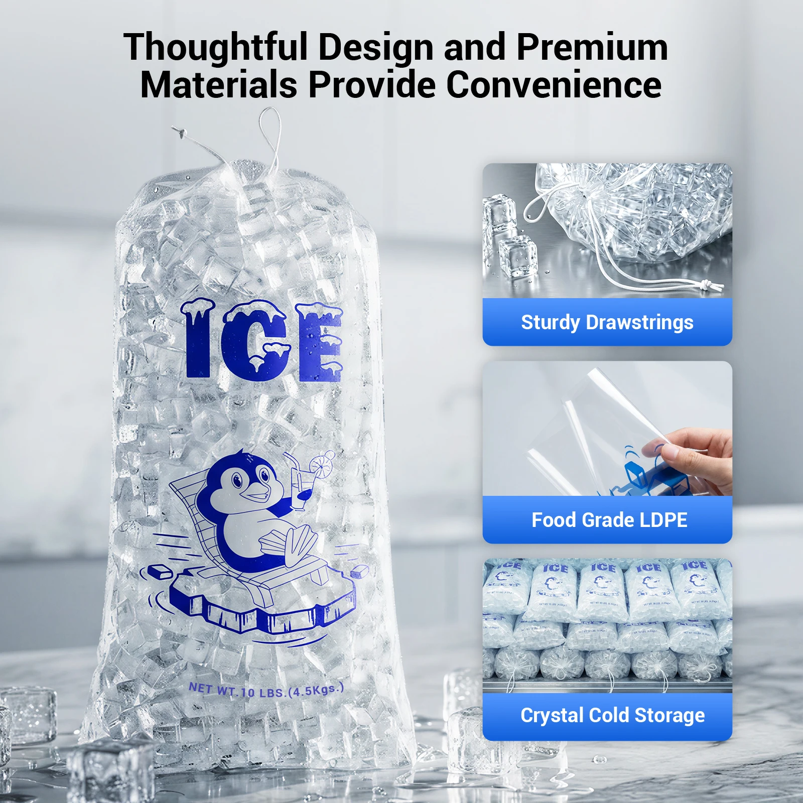 100 Count Ice Bags For Ice Machine, Heavy-Duty Reusable Ice Cube Bags, Ice Bags Freezer Keeper with Drawstring 2 Mils Thickness