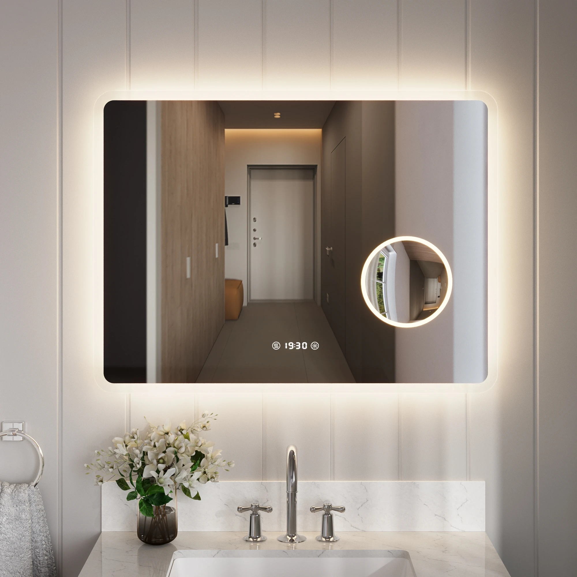 DeerValley LED-badkamerspiegel, 80 x 60 cm, verlichte spiegel met 3x vergroting, anti-condens badkamerspiegel, 3 kleuren instelbaar licht, digitale klok, geheugenfunctie en aanraakschakelaar.