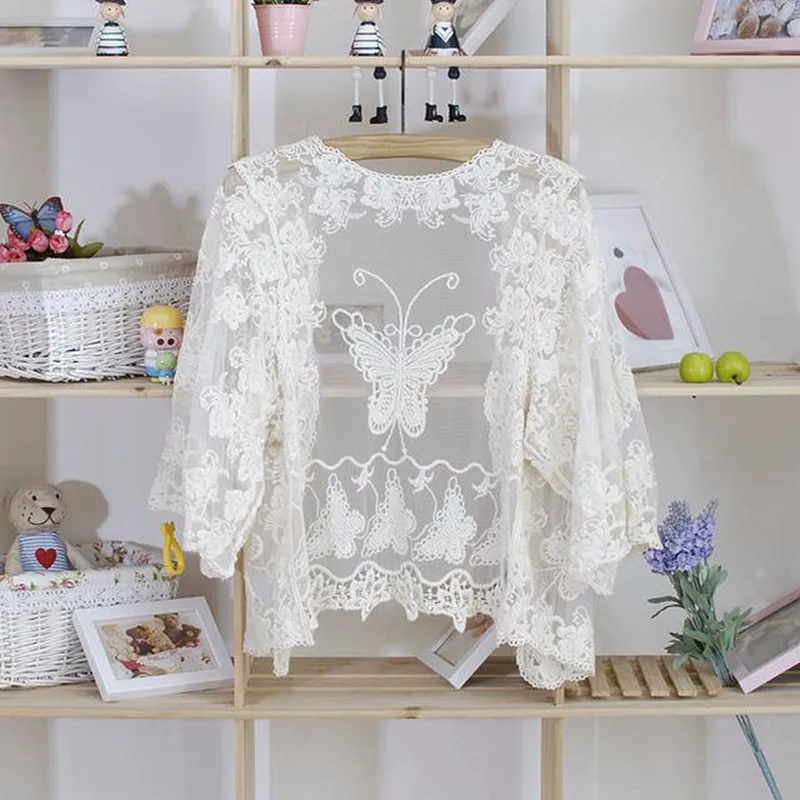 Thin summer short cardigan fashion ladies knitted sweater sun-proof cover up cute flower butterfly embroidered lace cardigan