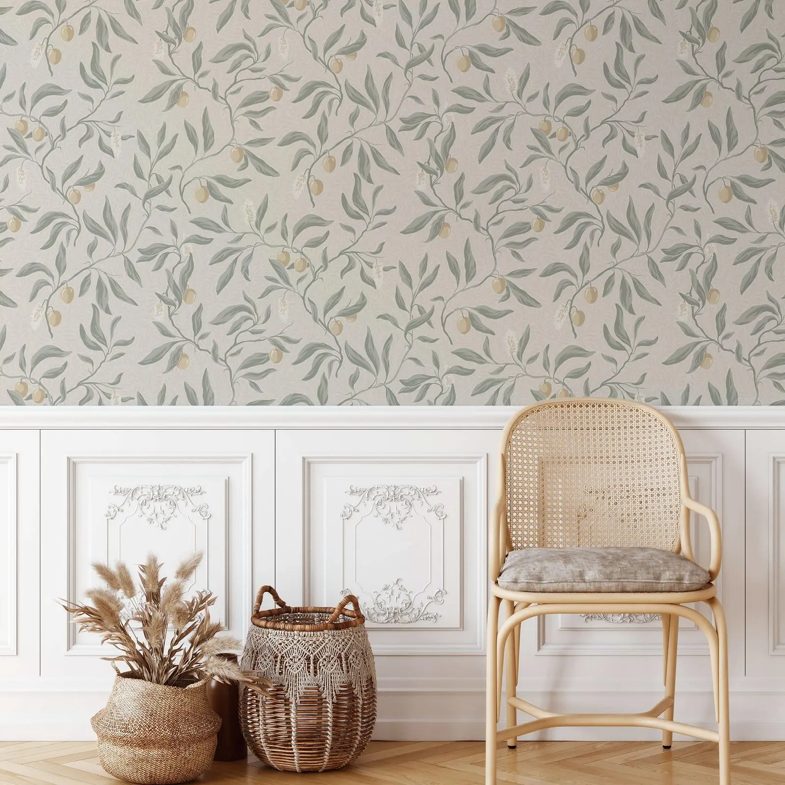 

Hand painted Leaves Wallpaper, Scandinavian Wall Paper with branches and lychee fruits in a sea of leaves Vinnie Sage Green