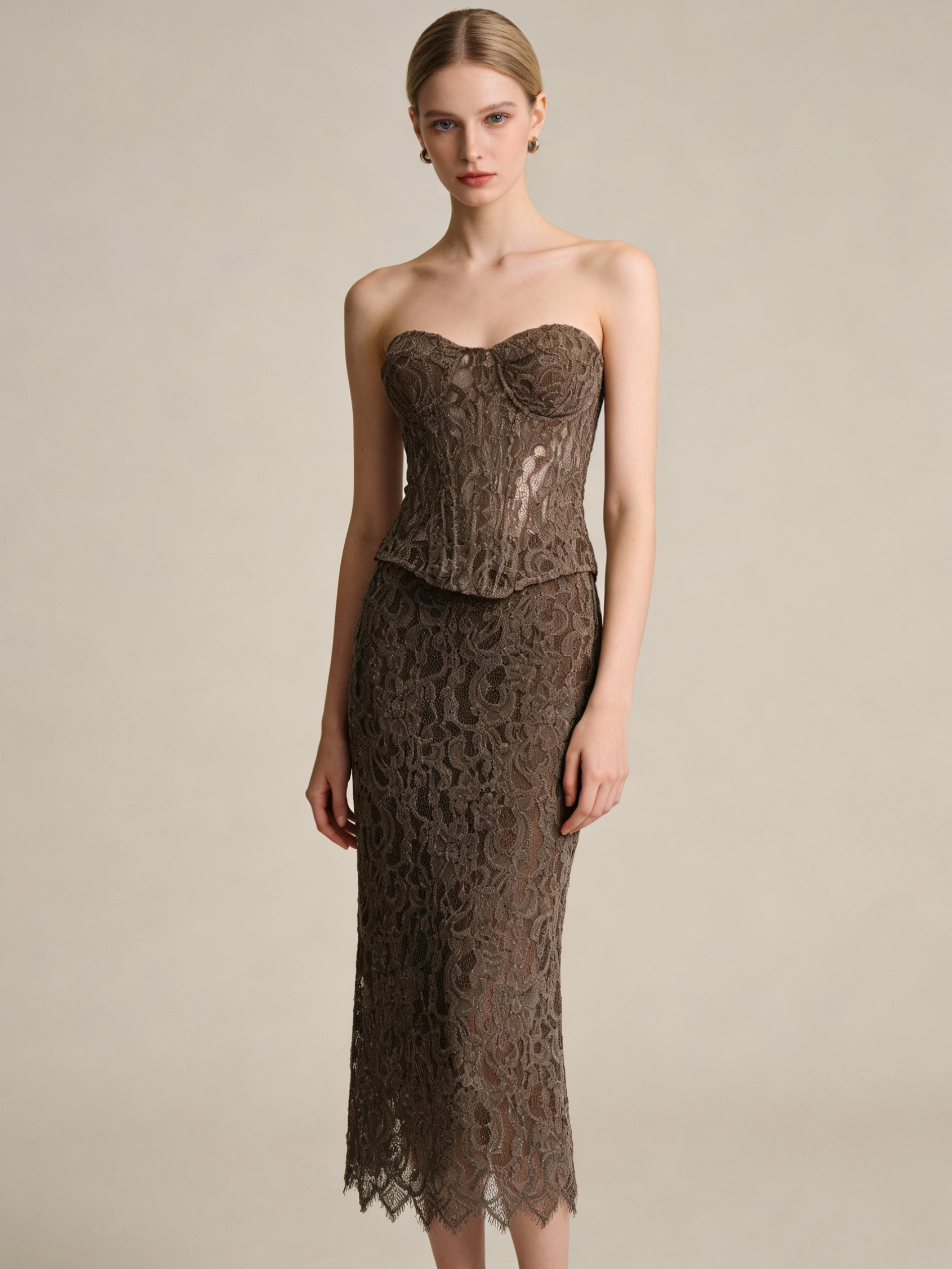 

Vintage Brown Lace Two Piece Set Women Strapless Bustier Top and Maxi Skirt Matching Set Party Clubwear