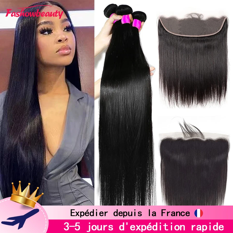 Extensiones de cabello humano Remy liso brasileño para mujeres negras, extensiones de cabello con cierre Frontal de encaje transparente, 13x4