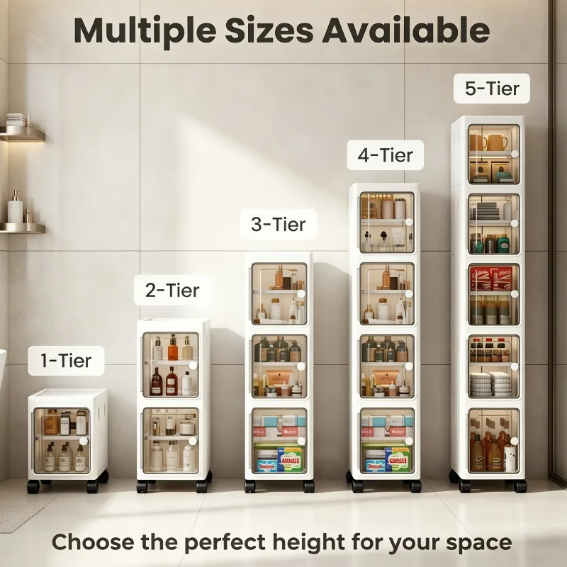 1/2/3/4/5-tier 22cm wide foldable and stackable storage cabinet, no assembly needed, foldable narrow-gap rolling storage organizer, with transparent doors and removable dividers, dustproof vertical storage unit, 360° lockable swivel casters, perfect for o