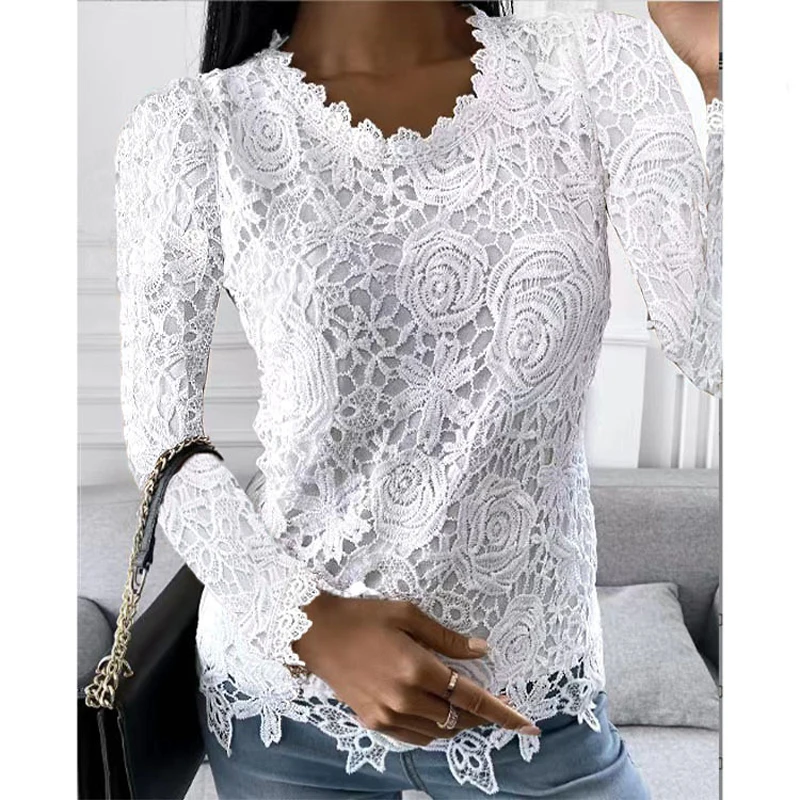 Elegant Lace Women T-shirts Y2K Fashion Long Sleeve Office Lady Blouses O-neck Solid Causal Vintage High Street Boho Female Tops