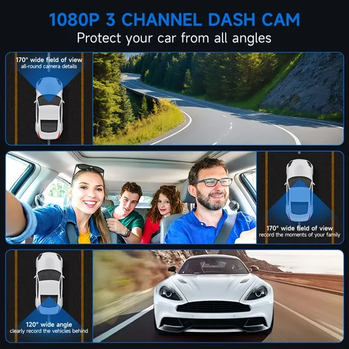 Imagen 2 del producto Dashcam-grabadora de vídeo Full HD de 3 canales para cabina delantera y visión nocturna trasera, Sensor G WDR, cámara de visión trasera con detección de movimiento