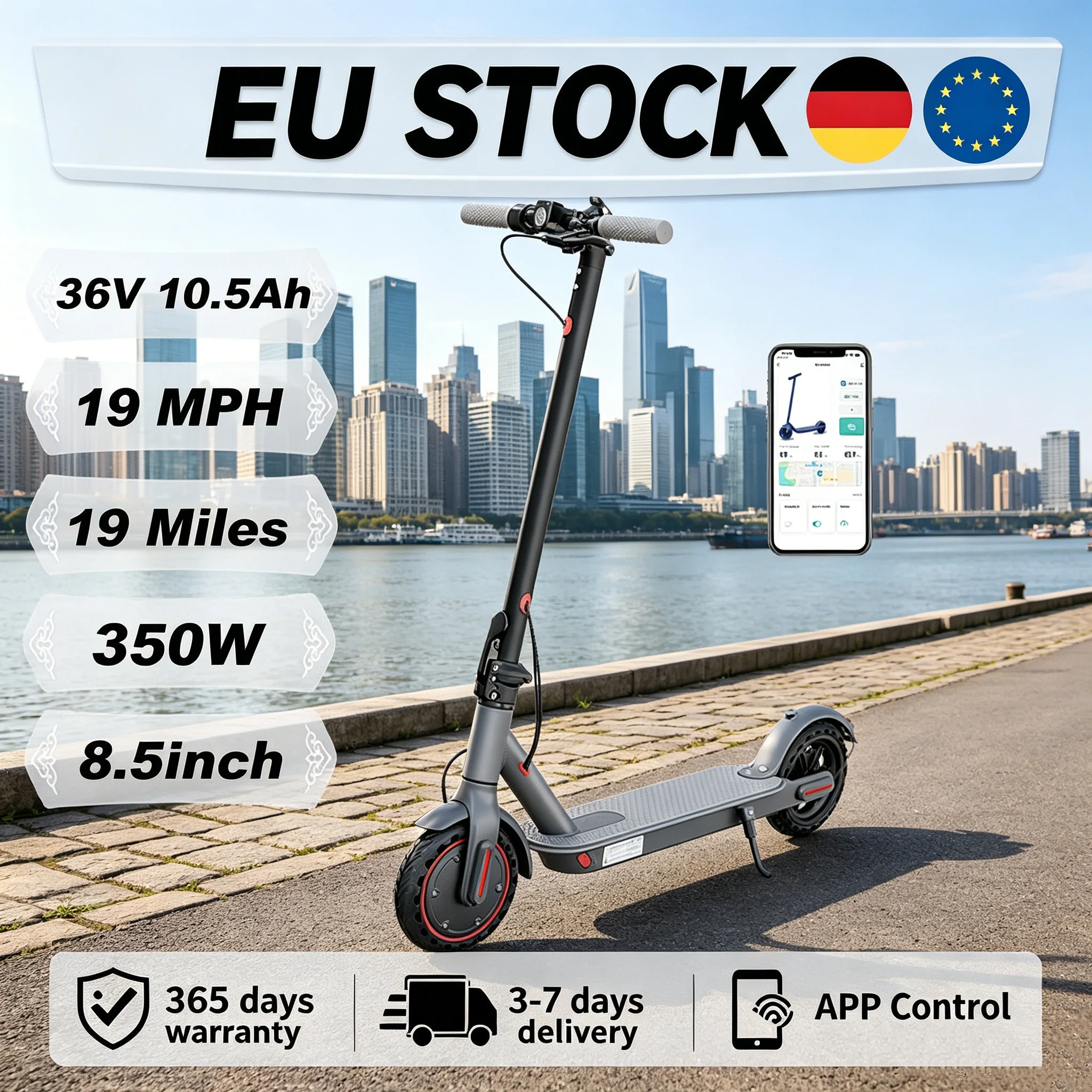 Trottinette électrique 350W en stock UE, 30 km/h, 36V 10.5Ah, contrôlée par application, système de freinage double, cadre en alliage d'aluminium, capacité de charge maximale de 120 kg, indice d'étanchéité IP65, pneus pleins antidérapants de 8,5 pouces