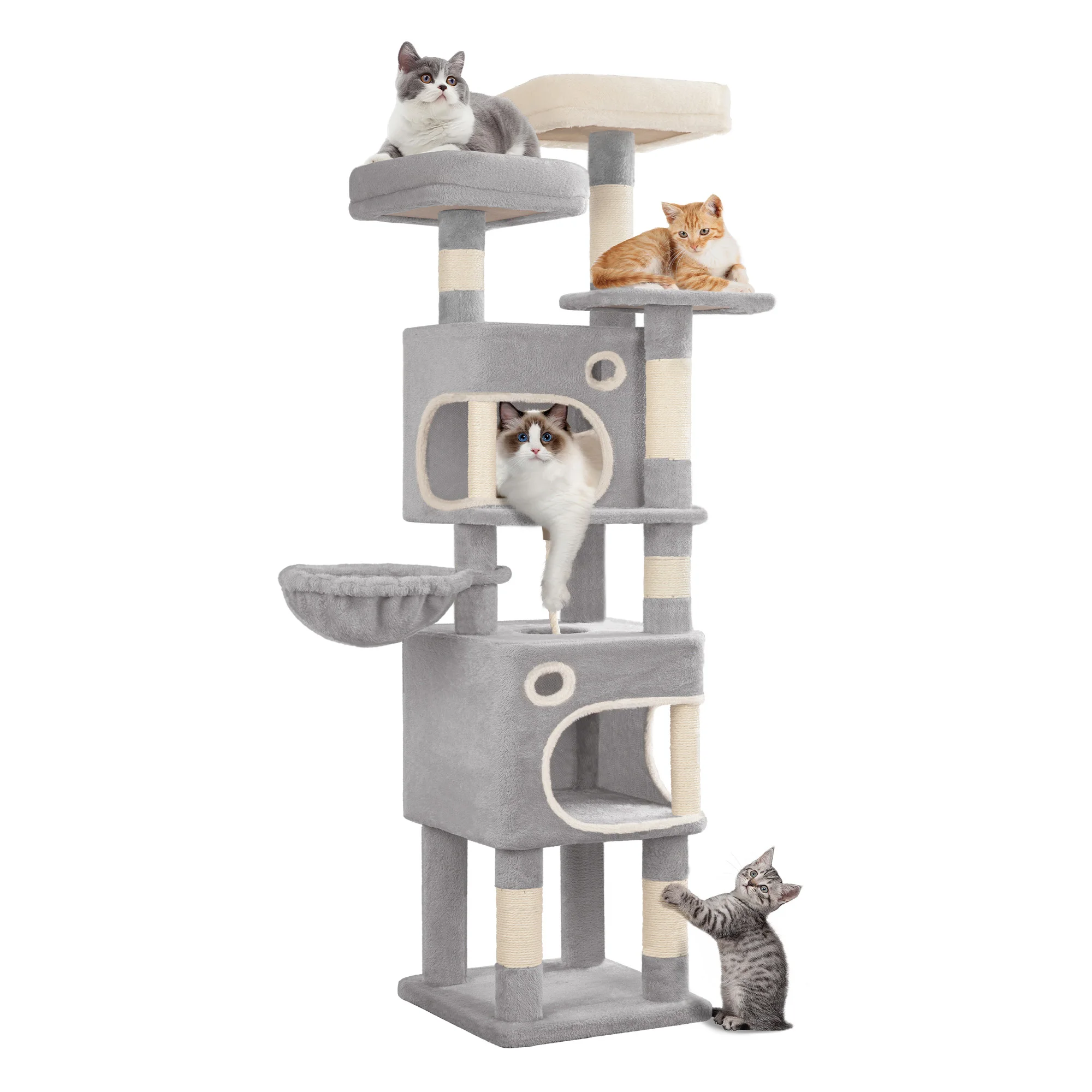 Arbre à chat de 159 cm pour chats d'intérieur, tour à chat multi-niveaux avec 8 poteaux à gratter, 3 plateformes, 2 grottes, panier