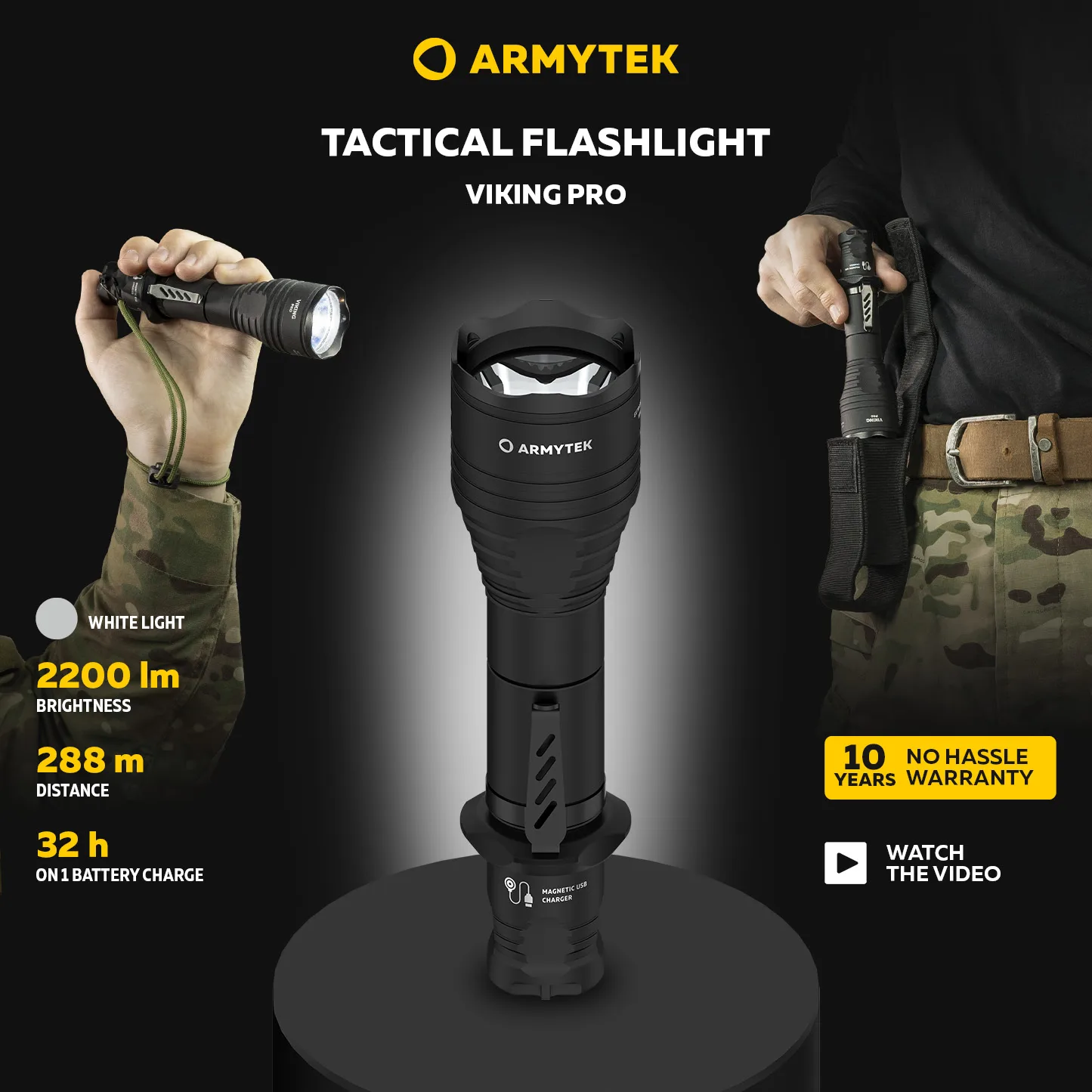 

Tactical Flashlight Armytek Viking Pro Magnetic USB Rechargeable (F07701C/F07701W) 288/284M