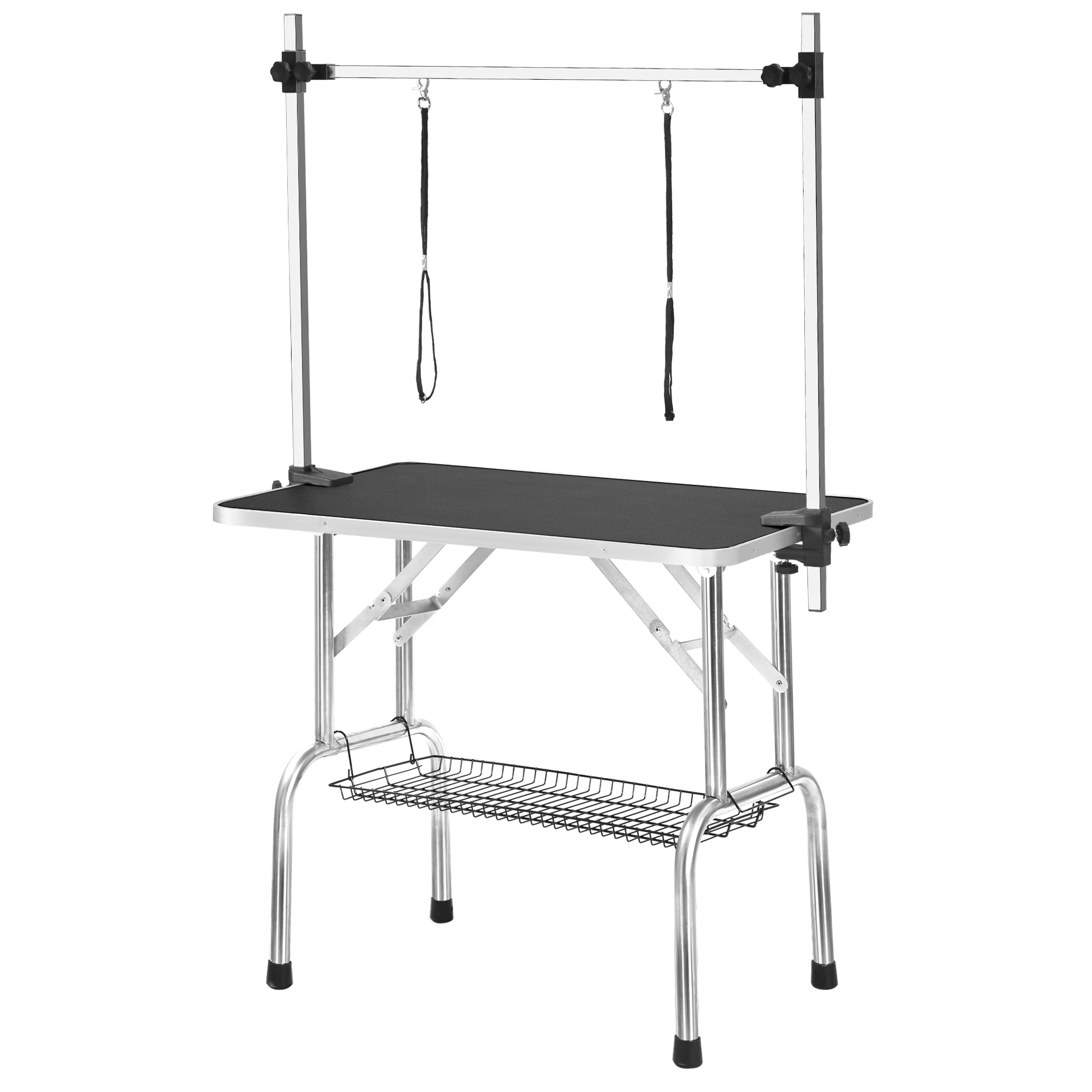 Professional Folding Pet Grooming Table w/ Adjustable Stand. Heavy Duty Non-Slip Dog Bathing & Cutting Desk, 117x61x76cm, Black.