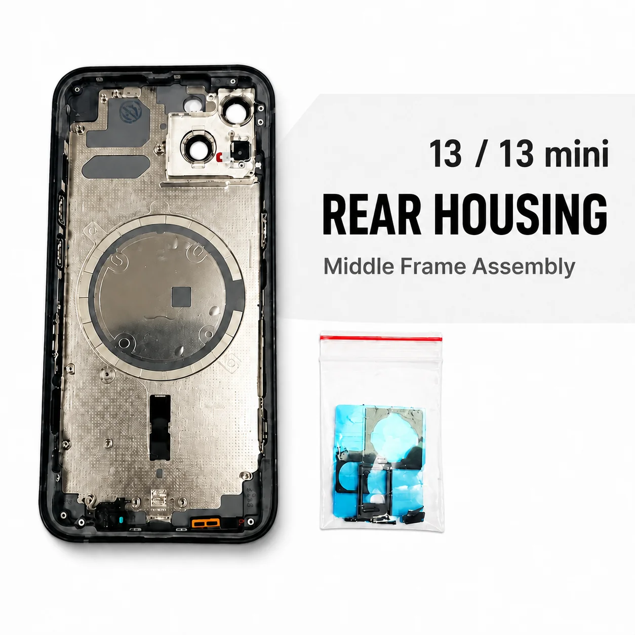 Rückgehäuse für iPhone 13 13Mini, Rückseite mit Akkudeckel, Rückglas + Mittelrahmenabdeckung, SIM-Kartenhalter, Seitentasten-Ersatz, CE-Logo
